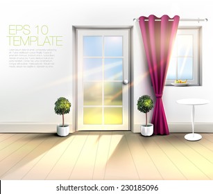 Sweet room with doorway to sunny garden. Vector template.