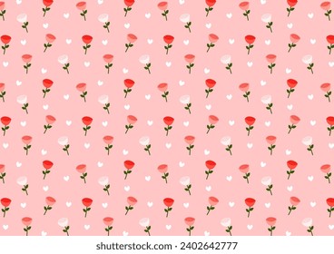 Sweet rose and white hearts in pink background seamless pattern. Valentines' day. February 14 wallpaper.