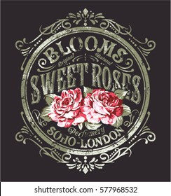 Sweet Roses perfume, vintage vector print for woman wear grunge effect in separate layer