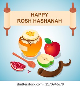 Sweet rosh hashanah concept background. Isometric of sweet rosh hashanah vector concept background for web design