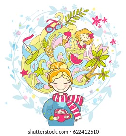 A sweet rosy dreaming girl with a cup of drink. Thoughts of travels, adventures. Vector hand drawn illustration
