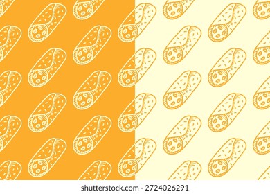 Doce roulade snack gravado padrão sem emenda no fundo bege amarelo definido para a mercadoria. Fundo de padrão de hachura de envoltório assado para sobremesa. Papel de parede do motivo da arte da linha de rolo preenchido de pastelaria para padaria