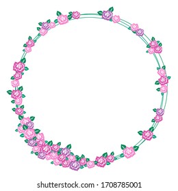 A sweet round boarder with pink roses isolated on white background. There’s a copy space for your text.
