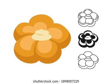 Sweet round bun with cream icon, bread line and black glyph, cartoon sign set. Hand drawn sketch fresh roll bakery. Shop flat food design. Icon infographic, packaging label, vector food app, website