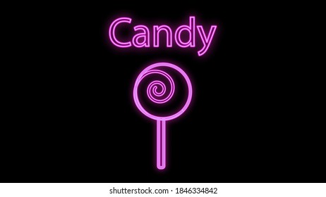 sweet round caramel on a stick, on a black background, vector illustration, neon. neon sign in purple with the inscription candy. design and decor for restaurants and cafes
