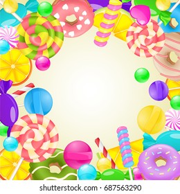 Sweet round frame. Different candies and sweets colorful background. Lollipop, candy, marmalade, candy cane, orange, lemon and donut on vector background.