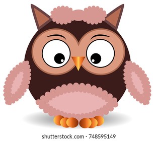 Sweet round owl with pink wings, a bow and a pussy, curious eyes pulled to the beak and eyebrows