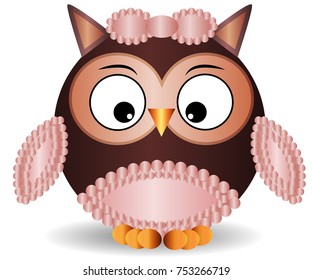 Sweet round owl with pink wings, a bow and a pussy, curious eyes pulled to the beak and eyebrows, pattern with volume effect