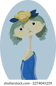 A sweet sad girl with a flower on her head. Vector file for designs.