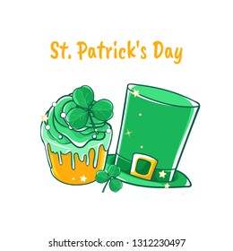 Sweet Saint Patricks Day.  Green silk hat, shamrock and cupcake. 