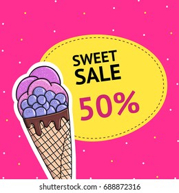 Sweet sale banner with tasty ice cream for ad, sale, poster, text, invitation, sweet party.