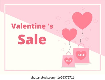 Sweet valentine’s sale poster with pink shopping and heart balloon for e-commerce