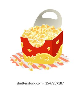 Sweet or salty popcorn in big paper cup on napkin. Maize corns which expanded and puffed up when heated. Delicious snack. Fast food. Cartoon vector illustration isolated on white background.