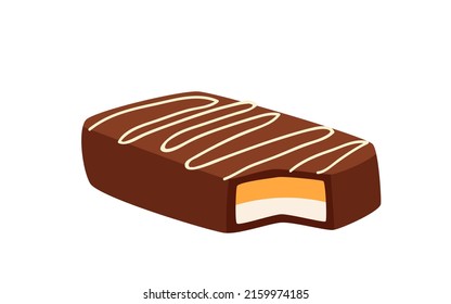 Sweet sandwich bar with chocolate icing, butterscotch and souffle layers filling vector illustration. Cartoon snack with bite, dessert in shape of rectangle, confectionery product of isolated on white