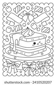 A sweet sandwich with cookies, marshmallows and ice cream. Sweets, dessert. Cute coloring page for kids and adults, black and white vector illustration.