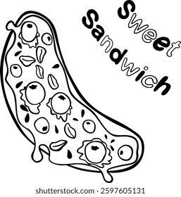 Sweet sandwich illustration in doodle style. Vector outline illustration with berry and cheese. Hand drawn. Isolated on white background