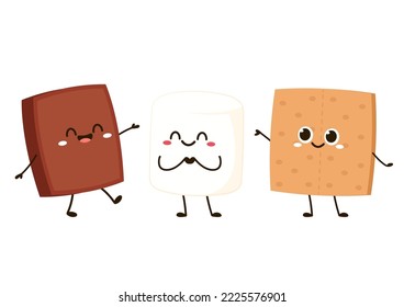 Sweet sandwiches from chocolate and marshmallow. Scheme of smore sweet children dessert preparing, cartoon vector illustration isolated on white background.