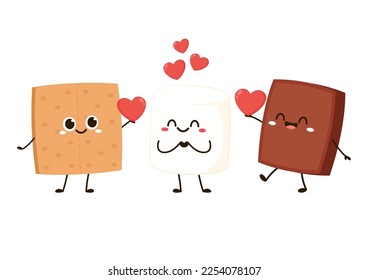 Sweet sandwiches from chocolate and marshmallow. Scheme of smore sweet children dessert preparing, cartoon vector illustration isolated on white background.