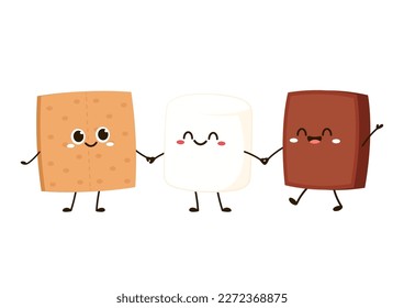 Sweet sandwiches from chocolate and marshmallow. Scheme of smore sweet children dessert preparing, cartoon vector illustration isolated on white background.