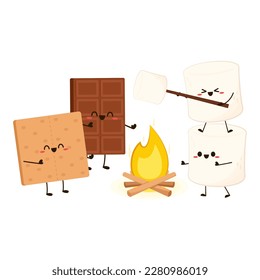 Sweet sandwiches from chocolate and marshmallow. Scheme of smore sweet children dessert preparing, cartoon vector illustration isolated on white background.