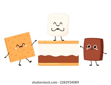 Sweet sandwiches from chocolate and marshmallow. Scheme of smore sweet children dessert preparing, cartoon vector illustration isolated on white background.