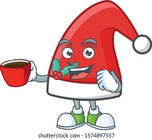 Sweet santa claus hat cartoon character with a cup of coffee