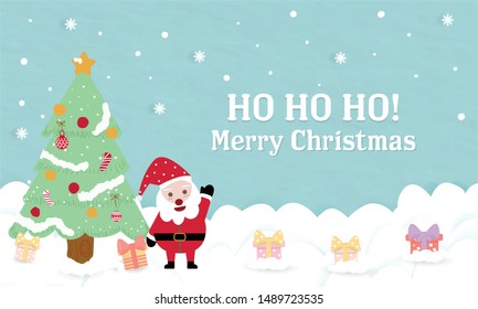 Sweet Santa Claus stand under Christmas tree with many gift boxes. cute blue pastel paper background cartoon design. White cloud and wording ho ho ho merry happy lovely card banner wallpaper new year.