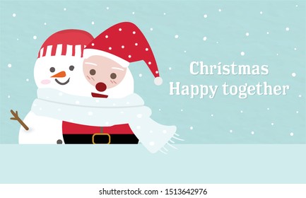 sweet santa and snow man couple lover wearing scarf together.blue pastel paper background.christmas season cold weather winter falling.happy family time cartoon holiday merry greeting cute.