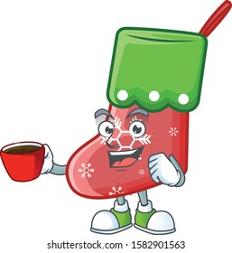 Sweet santa socks cartoon character with a cup of coffee