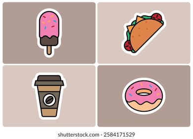 Sweet and Savory Food Doodle Icon Sticker Set. Ice Cream, Taco, Coffee, and Donut