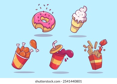 Sweet and Savory Snacks Vector Set with Donut, Ice Cream, Fried Chicken, Soda, and Fries Design Illustrations Pack