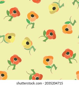 Sweet scatter flower seamless vector repeat pattern in with red, orange and yellow flowers on a lemon yellow backdrop