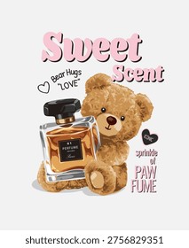 sweet scent slogan with bear doll holding perfume bottle vector illustration