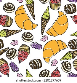 Sweet seamless background with candy cupcake muffin and croissant. Vector illustration