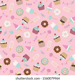 Sweet seamless background of donuts, candies, cupcakes and fruit ice cream. Dessert icons. Cute sweet pink color pattern. Illustration of yummy desserts. Beautiful design illustrations.