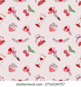 Fondo dulce sin fisuras con varias ilustraciones de tema de amor como ramos de globos de corazón, pociones mágicas, sacos de corazón y flores de cerezo en una base de color rosa claro. Ideal para productos femeninos, scrapbooking digital y embalaje de vacaciones.