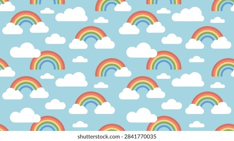 Sweet seamless background pattern featuring colorful rainbows and soft white clouds against a light blue sky backdrop for kids.