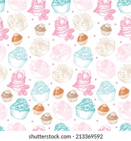 Sweet seamless with cupcakes and chocolates Hand drawing. Seamless pattern for fabric, paper and other printing and web projects.