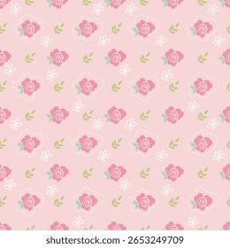 Um design suave e sem emenda de rosas rosa miniatura e flores brancas em rosa pastel, ótimo para papelaria e padrões infantis.