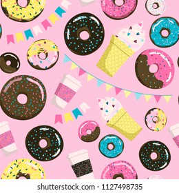 Sweet seamless donuts, coffe and ice cream pattern. Summer party background with flags garland. Can be used for wrapping, apparel, linen, home decor. Stock vector