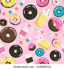 Sweet seamless donuts, coffe and ice cream pattern. Summer party background with flags garland. Can be used for wrapping, apparel, linen, home decor. Stock vector