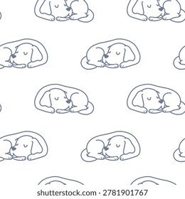 Sweet seamless doodle pattern featuring illustrations of a Labrador Retriever or sleeping puppy curled up in a ball. The minimalist design uses soft, clean black outline profiles on a pure white background to showcase the peaceful, resting silhouette of the popular retriever breed. Excellent for cozy nursery textiles, veterinary clinic stationery, and dog lover wallpaper.