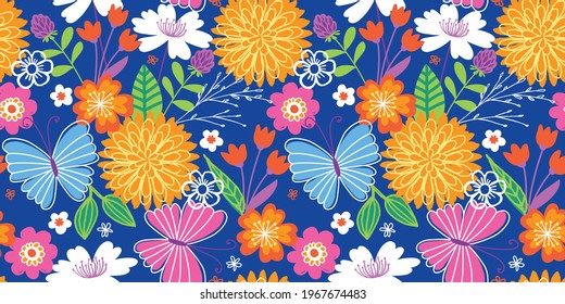 Sweet seamless floral and butterfly pattern in a bright, trendy color scheme. A modern twist on a folksy, retro floral print.