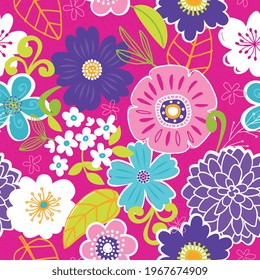 Sweet seamless floral pattern in bright, trendy color scheme. A modern twist on a retro floral print.