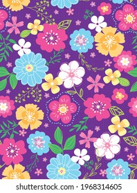 Sweet, seamless floral pattern in bright, trendy color scheme. A modern twist on a folksy, Liberty floral print with a purple background. Perfect for little girls going back to school