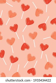 Sweet Seamless Heart Shaped Lollipop Candy Pattern on Pink Background. Simple Hand Drawn Vector Illustration. Perfect for Textile, Fabric Prints, Wrapping Paper, Valentines Gift Card or Poster.