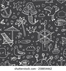 Sweet seamless made of sea concept elements: palm, mermaid, fish, seagull, steering wheel, crab, anchor, chair, ship, starfish and others in vector