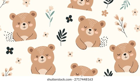 Dulce patrón de vivero sin costuras con lindos osos de peluche marrones entre delicadas flores y hojas en colores neutros suaves.