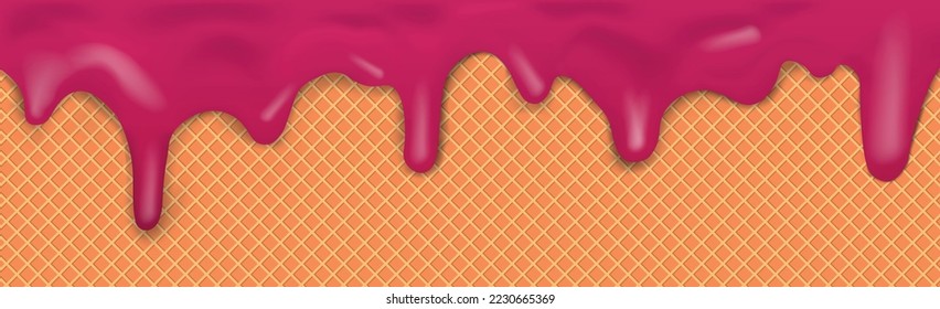 Sweet seamless panoramic ice cream pattern with dripping dark chocolate icing and wafer texture - Vector illustration