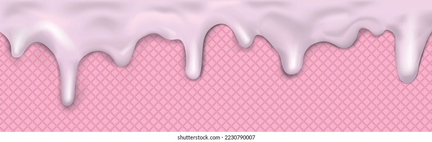 Sweet seamless panoramic ice cream pattern with dripping pink icing and wafer texture - Vector illustration